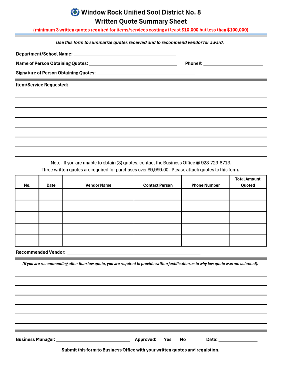 Written Quote Summary Form